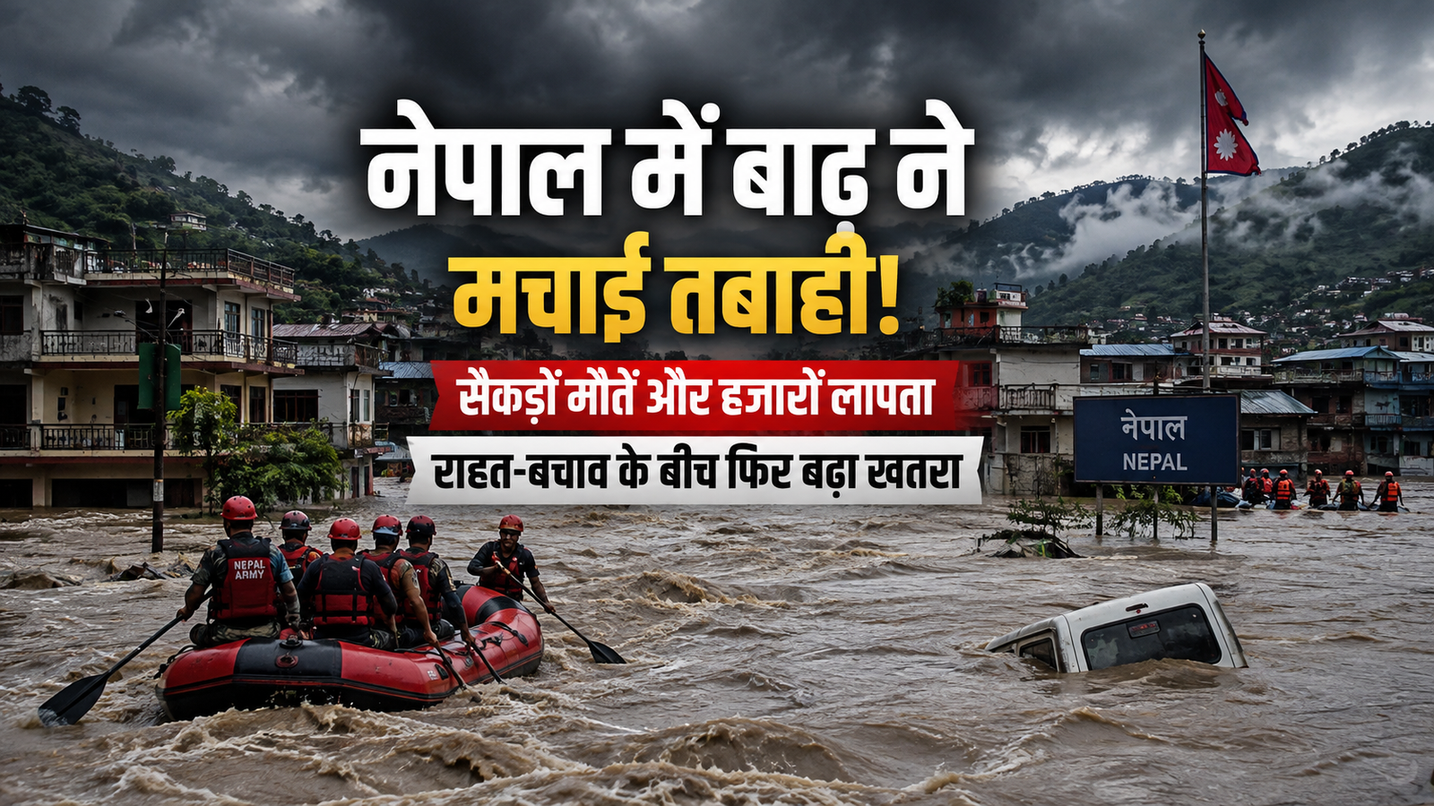 नेपाल में भीषण बाढ़ का दृश्य, राहत-बचाव अभियान में जुटी टीमें और बाढ़ के पानी में डूबा इलाका